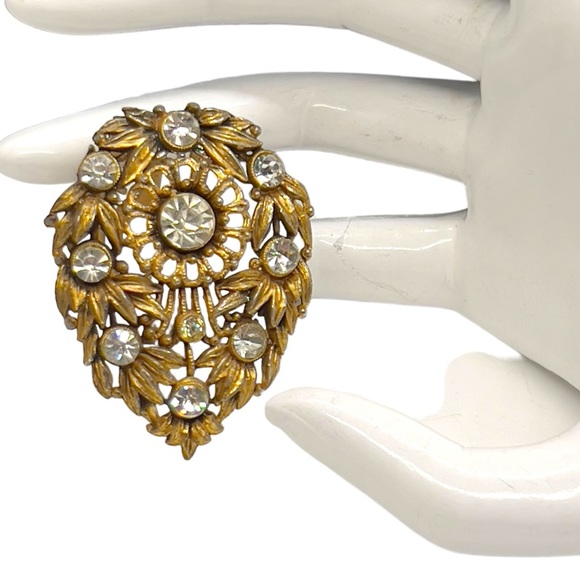 Vintage Retro Open Work Design Brassy Pot-metal & Clear Glass Stone Fur Clip - Picture 3 of 6